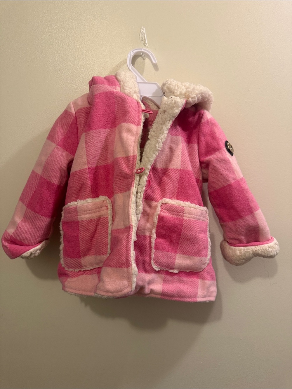 Jessica Simpson Pink Plaid Sherpa-Lined Hooded Puffer